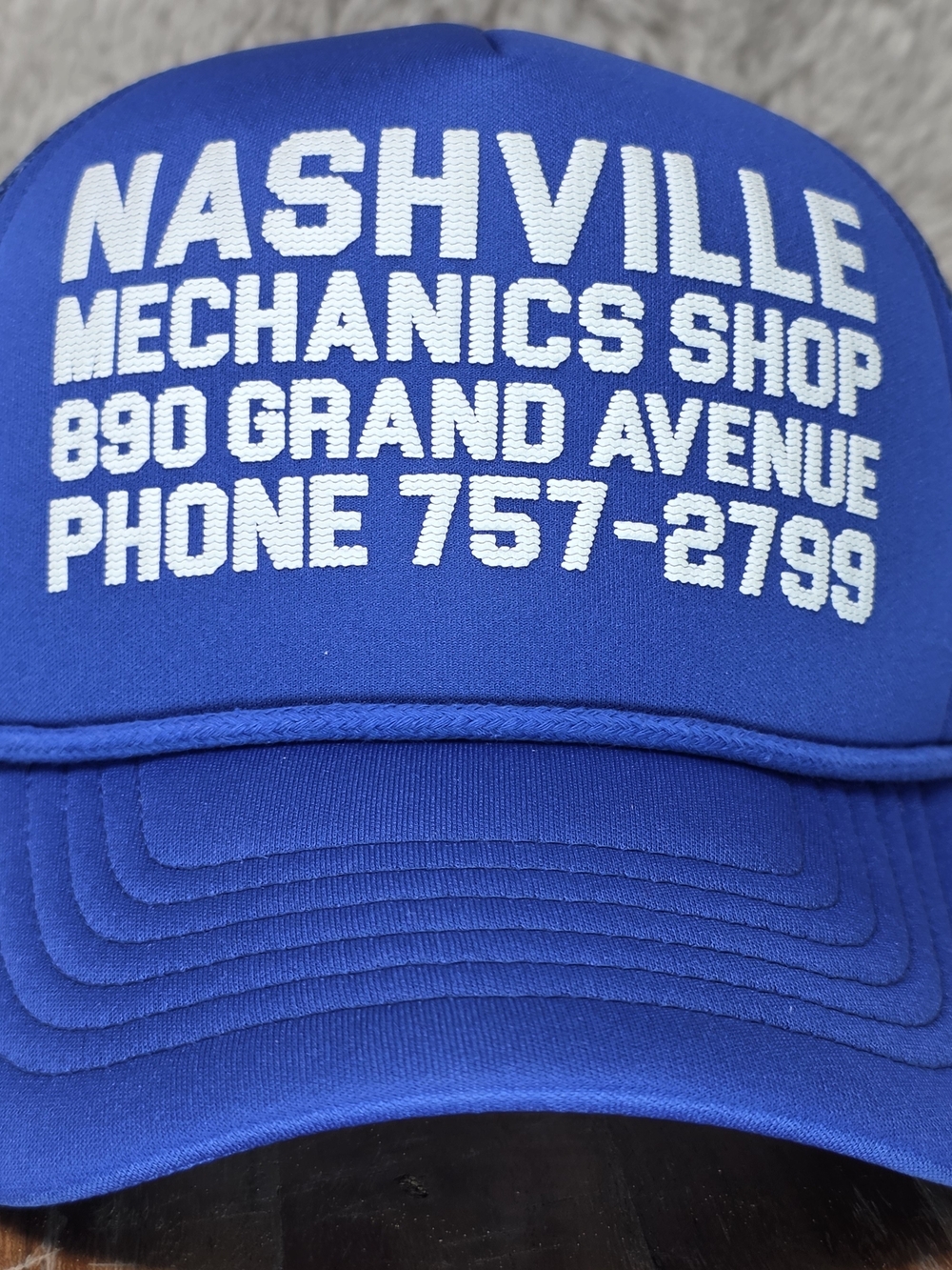 PacSun Royal Blue Nashville Mechanics Shop Trucker Hat with White Text